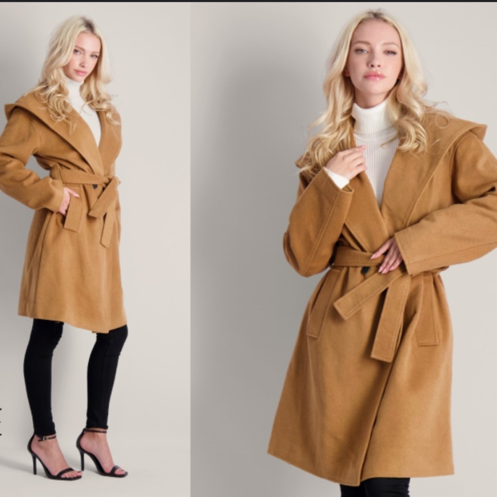Avec Les Filles Belted Wrap Coat with Oversized Hood | Camel Brown | Size Medium